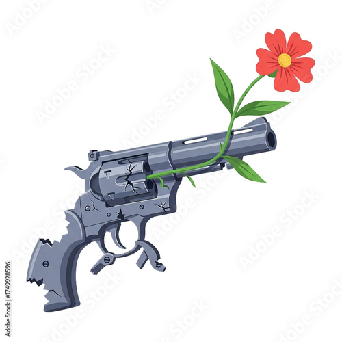 Broken Revolver with Flower Growing from the Muzzle Symbolizing Peace, Hope, and the End of Violence Isolated on White Background
