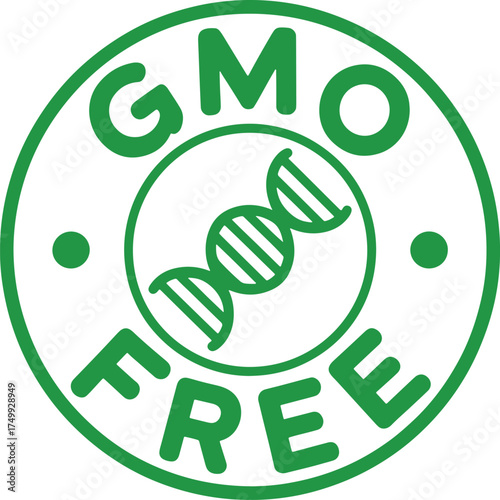 Green circle stamp with GMOFRE text and DNA helix symbol gmo free genetically modified