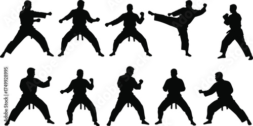 Karate martial arts silhouette vector collection showing men practicing kicks, punches, and defensive stances for combat training and self defense illustration design