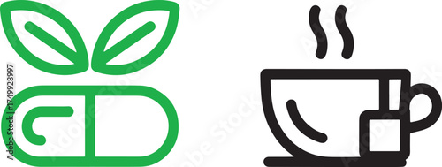 Green pill with leaves and steaming cup of tea with tea bag icon capsule medicine