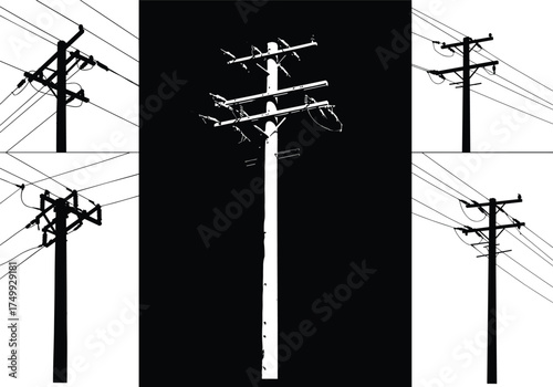 Silhouette of utility poles with insulators, crossarms, transformers, black background contrast, rural electricity distribution, energy infrastructure, industrial landscape, high voltage grid
