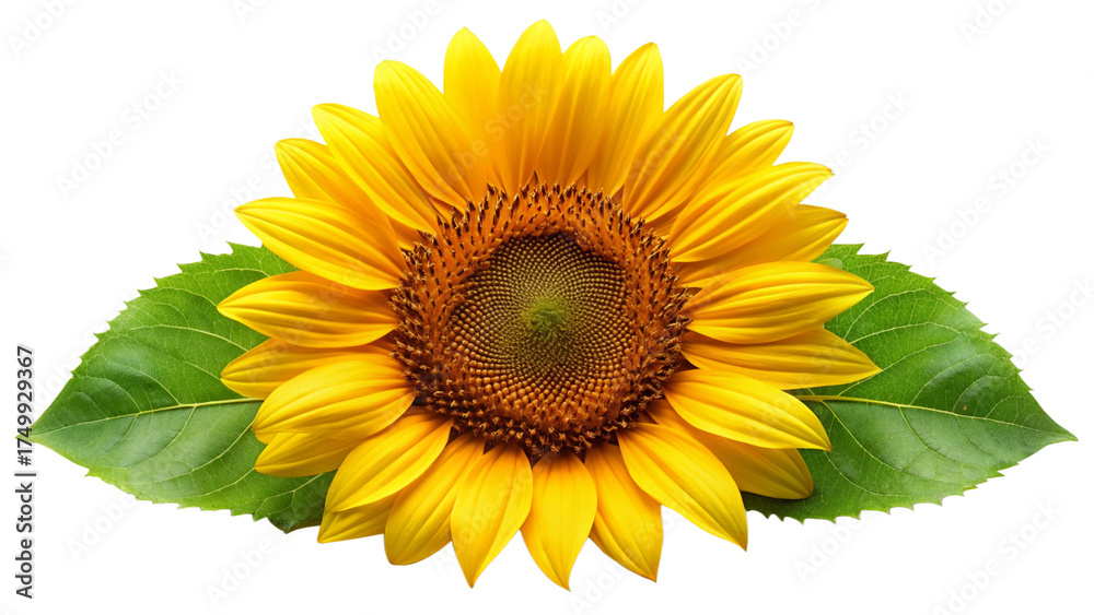Obraz premium Bright yellow sunflower with green leaves isolated on transparent background
