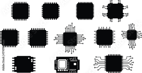 Microchip and processor silhouette vector collection showing electronic circuit board elements, CPU components, and semiconductor technology icons for digital hardware design illustration
