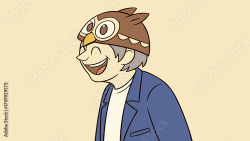Cartoon uncle with owl mask smiling kindly in blue blazer over bright beige minimalist background 