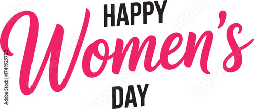 Happy Womens Day pink and black calligraphy text on white background female girl