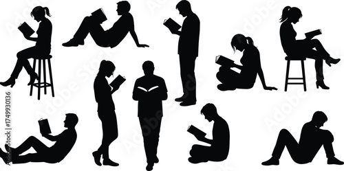 people reading books in various sitting and standing poses, perfect for education, study, learning, and relaxation concept designs