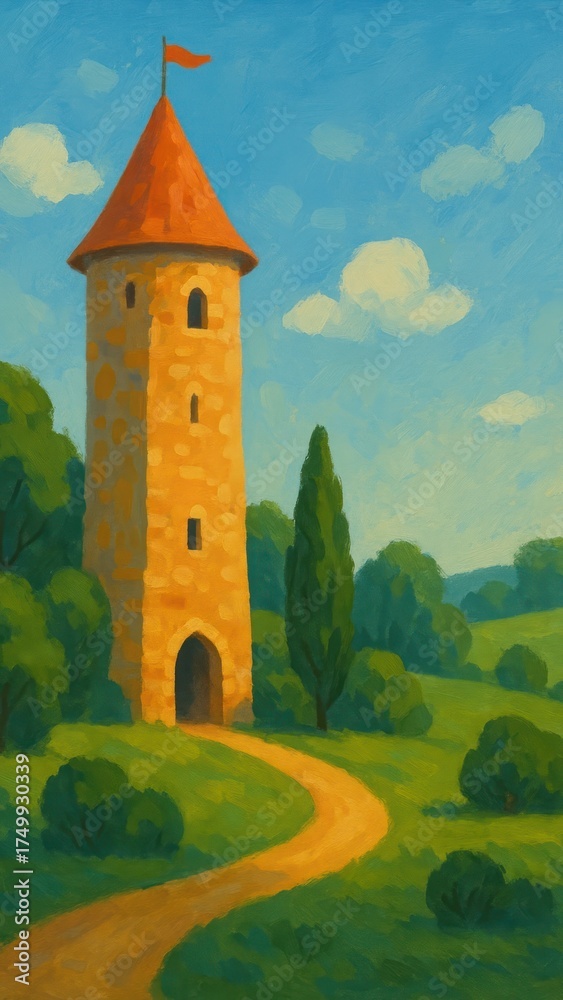 Naklejka premium Charming tower in lush landscape.