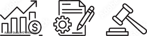 Icons for finance growth, document with gear and pen, and gavel chart graph