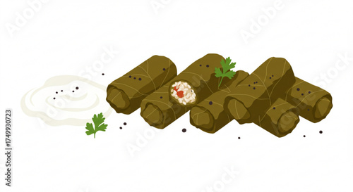 Stuffed grape leaves on white background with yogurt and herbs  