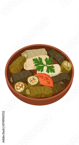 Dolma dish with stuffed grape leaves and fresh herbs in bowl  