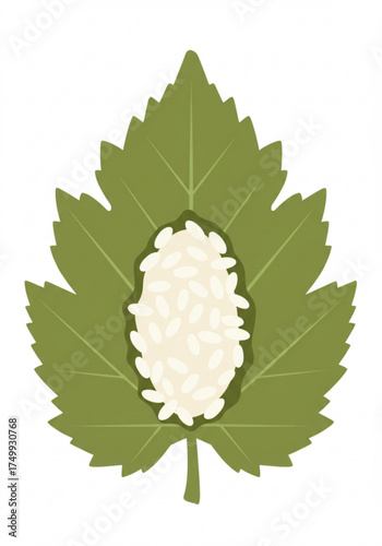 White rice on green grape leaf in illustrated style,  dolma  