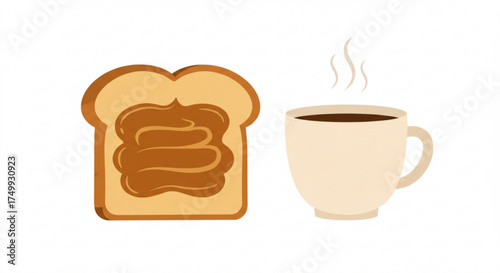 Slice of bread with dulce de leche and steaming cup of coffee  