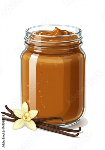 Sweet dulce de leche spread in glass jar with vanilla pod