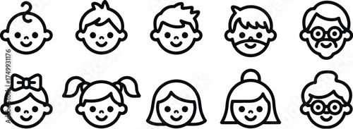 icon, people, faces, family, generation, baby, child, adult, elderly, man, woman, boy, girl, grandfather, grandmother, diversity, illustration, simple, outline, black and white, set, collection, chara