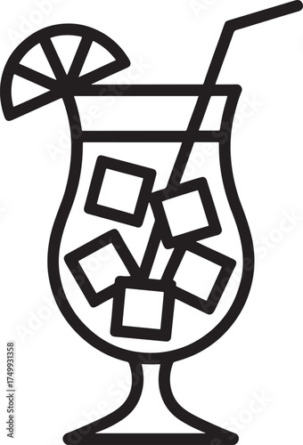 Line Art Icon of a Cocktail with Ice and Garnish on White Background Keywords: cocktail, drink