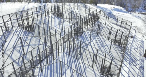 Steel posts and mesh shelter crown snowy descent. Sparkling sunlit pines bring vivid alpine charm to mountain winter scene. Ski resort