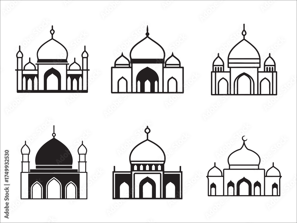 Obraz premium Collection of simple mosque illustrations black and white vector graphics
