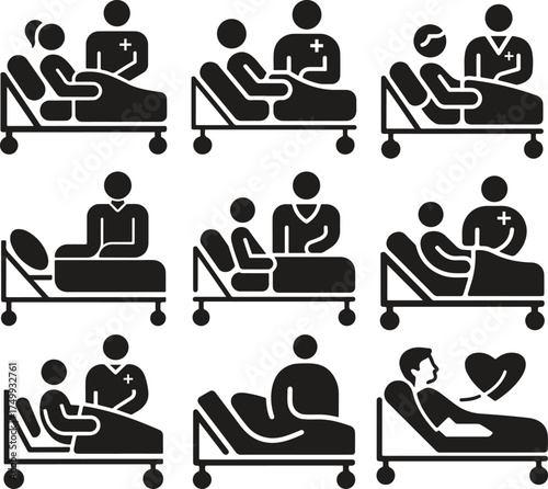 Hospital care icons showing patients and medical professionals
