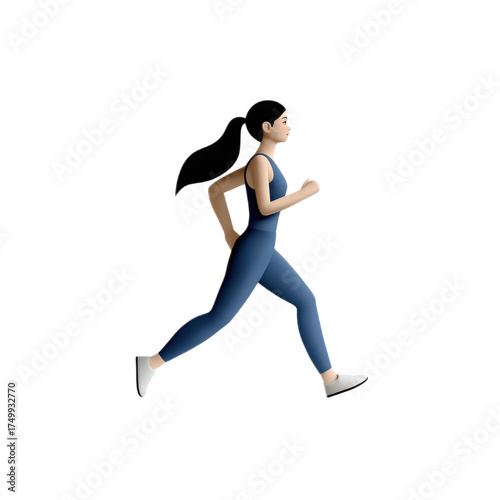 Dynamic Female Character Running in Active Wear on Isolated Background for Fitness and Health Concepts