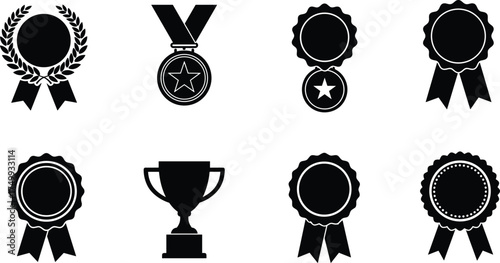 Award badge and trophy silhouette vector set with medals, ribbons, laurel wreath, and stars for achievement, victory, success, and champion recognition design