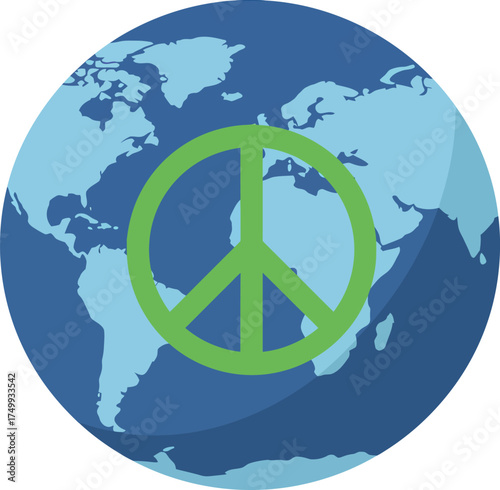 A green peace symbol superimposed on a stylized depiction of planet Earth.