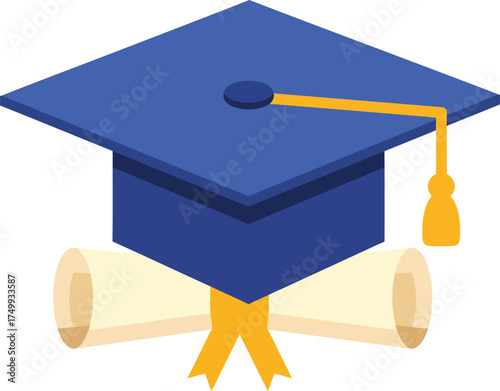 A blue graduation cap with a yellow tassel rests on top of a diploma scroll.