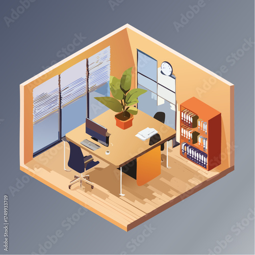 Modern Isometric Office Room with Desk Computer Plant and Bookshelf Business Workspace Concept