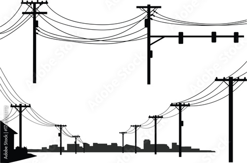 Silhouette of utility poles with power lines, perspective cityscape, suburban house detail, electricity distribution, urban infrastructure, high voltage grid
