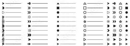 Bullet points. Minimalistic bullet point icons with arrows, dots and star, heart shapes. Vector set for UI UX design. web development presentations and infographics.