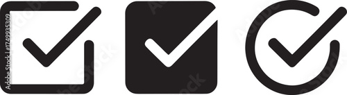 Three black check mark icons in different shapes on white background tick symbol