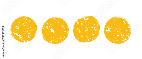 Sun brush paint, yellow watercolor round stamp. Circle shape grunge button, ink handdrawn blob. Rough sun, crayon vintage set isolated on white background. Vector illustration