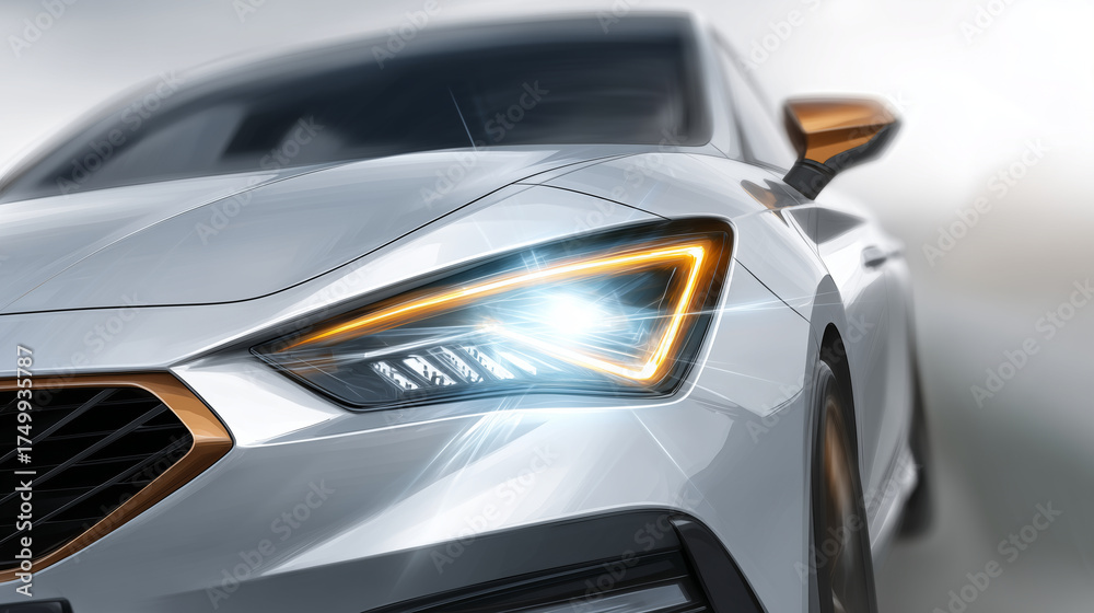 Naklejka premium Ultra-realistic macro of car headlamp, bright white light beams combined with orange highlights, detailed lens textures emphasized on a clean white background