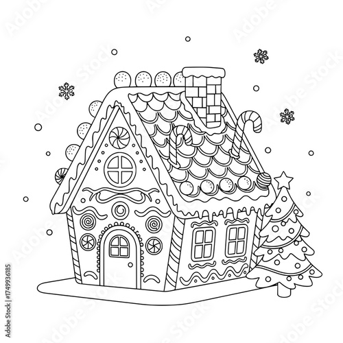 Delightful gingerbread house drawing evokes nostalgic holiday cheer, perfect for festive crafts, coloring books, and seasonal promotions, originally vector art