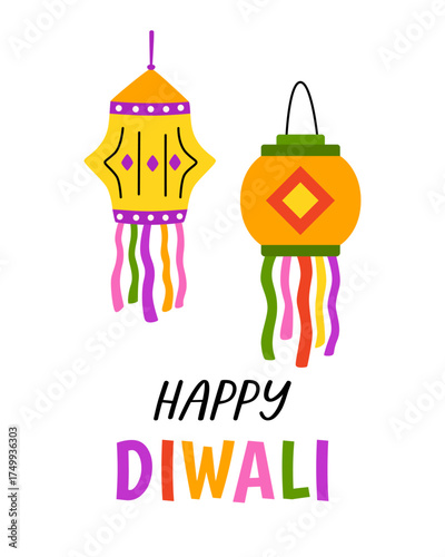 Happy Diwali. Traditional Indian festival of lights. Greeting card fr print. Paper lanterns. Vector cartoon flat illustration.