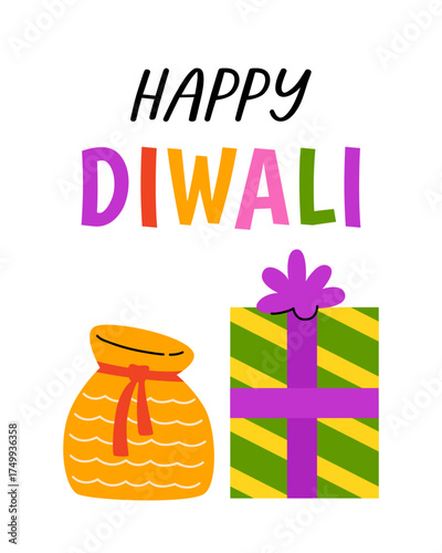Happy Diwali. Traditional Indian festival of lights. Greeting card fr print. Vector cartoon flat illustration.