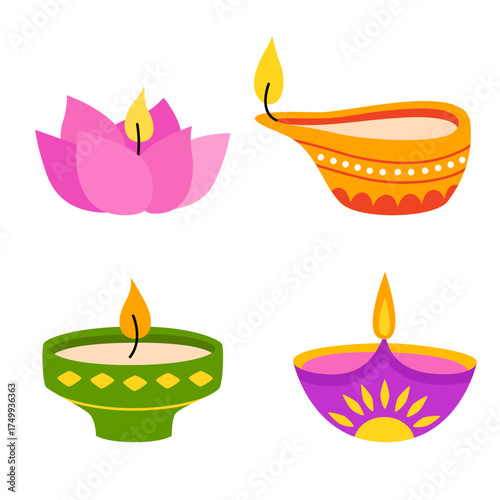 Set diya, burning oil lamps. Elements of the Indian festival Diwali. Vector cartoon flat illustration.
