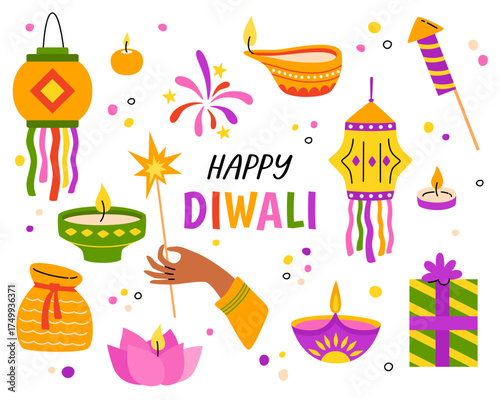 Happy Diwali, the traditional Indian festival of lights. A set of holiday decor items. Vector cartoon flat illustration.