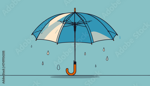 Blue umbrella protecting from rain drops