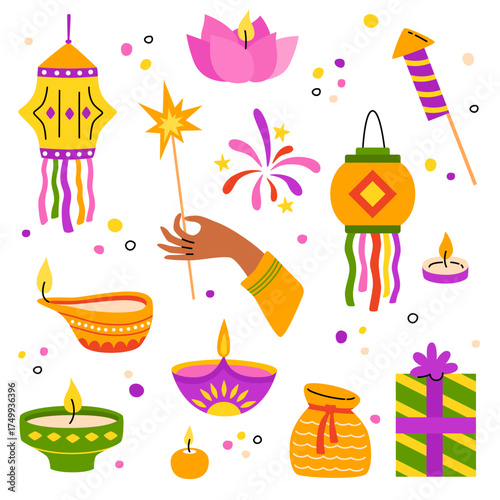 Diwali, the traditional Indian festival of lights. A set of holiday decor items. Vector cartoon flat illustration.