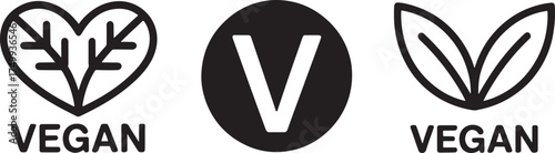 Vegan logos with heart leaf, circle V, and leaf design on white background vegetarian plant based