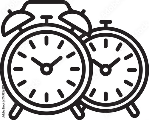 Two vintage alarm clocks with bells and hands on white background Keywords: alarm clock, time
