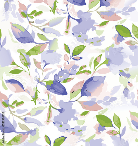 Seamless Watercolor pastel pink, lilac, and mint green flowers and leaves on a white background, Flower seamless pattern. Watercolor print in rustic vintage style, textile or wallpapers.