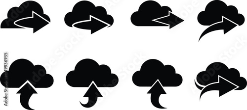Cloud upload and download arrow icon set silhouette vector for data transfer, online backup, storage system, network communication, and digital file exchange