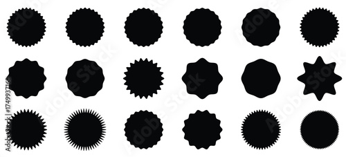 Starburst Black sticker set. Stamp Style Shapes and Labels – Blank sticker badge. Stickers and badges with star edges. Different shop label shapes vector illustration.