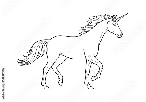 Elegant unicorn prancing with grace, a symbol of magic and wonder. Ideal for fantasy designs, children's books, and mystical artwork. Timeless charm radiates.