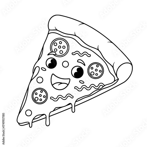 Delightful pizza slice cartoon with happy face, inviting cravings and fun designs for food lovers, perfect for menus, branding, and social media promotions