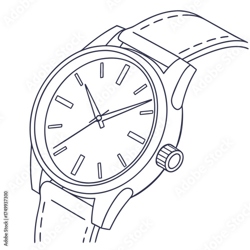 A minimalist line art illustration of a classic analog wristwatch with a leather strap and a clean dial featuring hour markers and simple hands on a white background