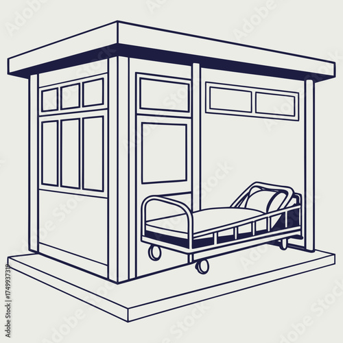 A minimalist line art illustration of a modern hospital building with a single patient bed placed outside the entrance symbolizing healthcare access and accessibility