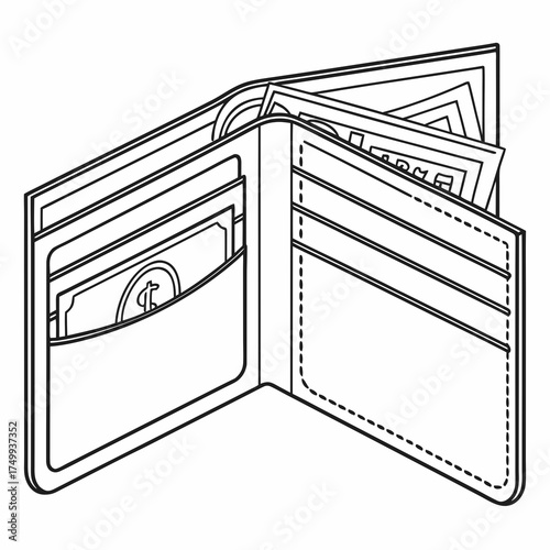 A simple black and white line drawing illustration of an open leather wallet filled with cash and credit cards representing financial wealth and personal finance
