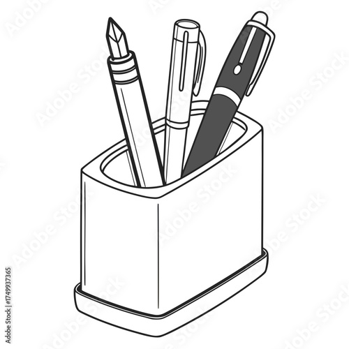 A simple line art illustration of a pen holder containing a fountain pen a ballpoint pen and another pen all standing upright in a white background